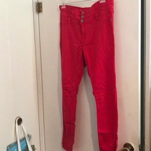 High rise bright red skinny jeans